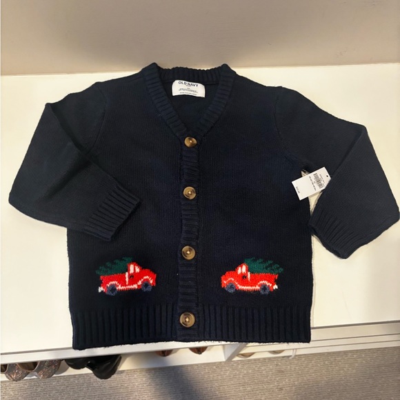 Navy Blue Kids Cardigan with Holiday Trucks Design NWT - Picture 3 of 5